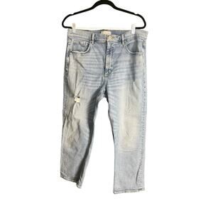 Loft Jeans Women 14/32 Straight Crop High Rise Distressed Chewed Hem Light Wash